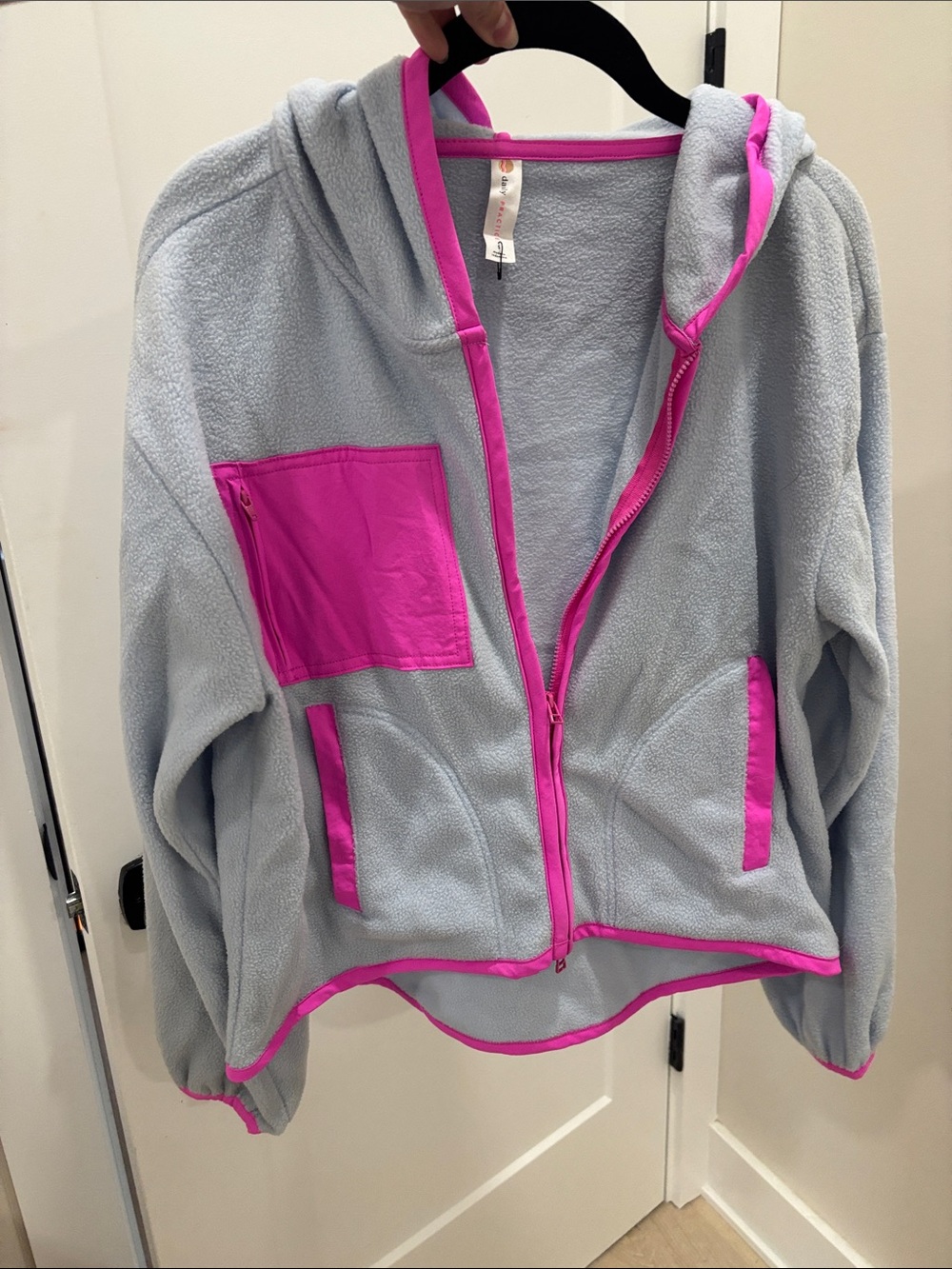 Women’s Anthropologie Daily Practice Light Blue Fleece Hoodie with Pink Trim